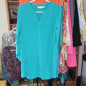 Susan Graver Turquoise Layered Tunic Top Blouse Long Sleeve w/ Button Tab Holder